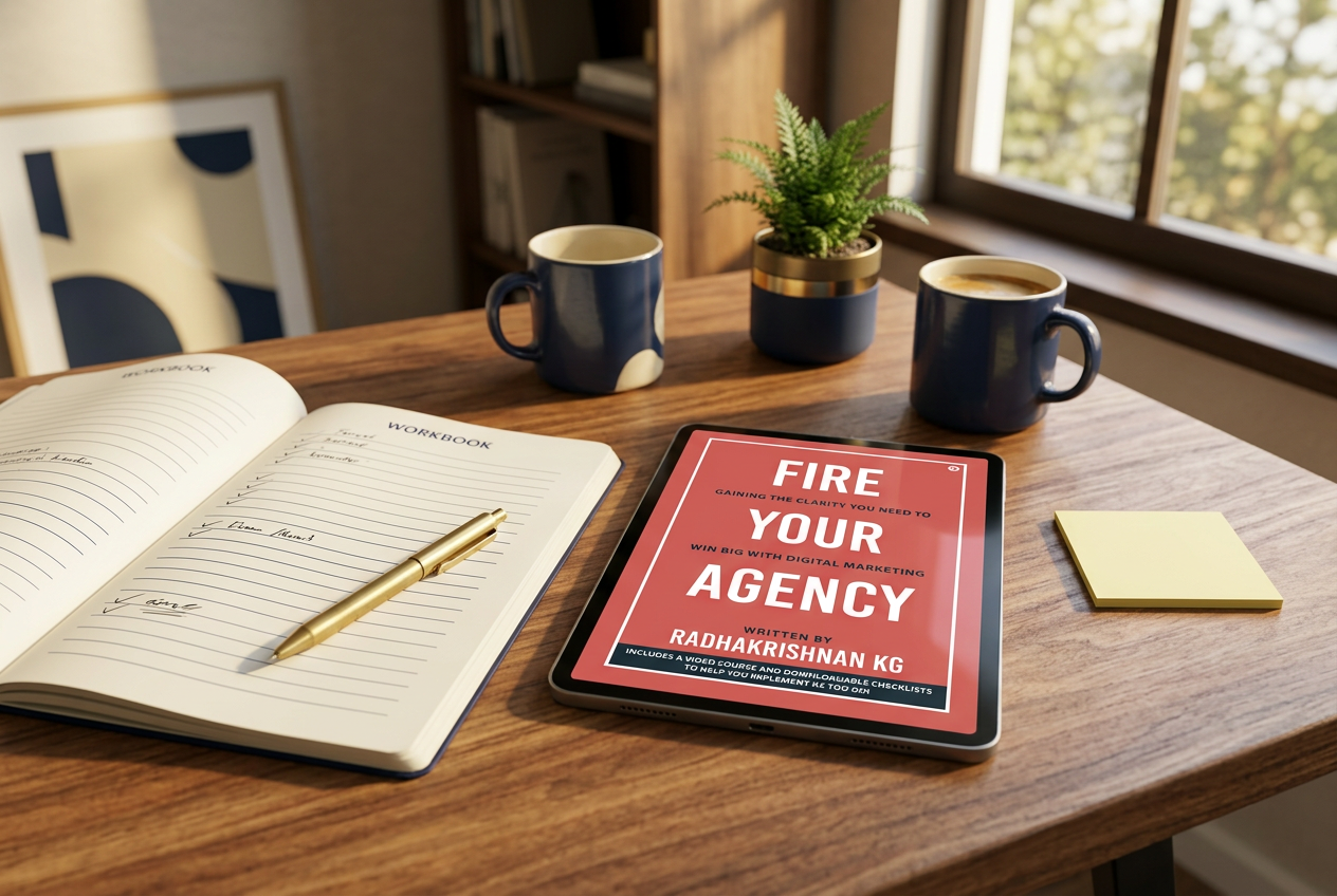 Fire Your Agency on a tablet beside a filled-in workbook